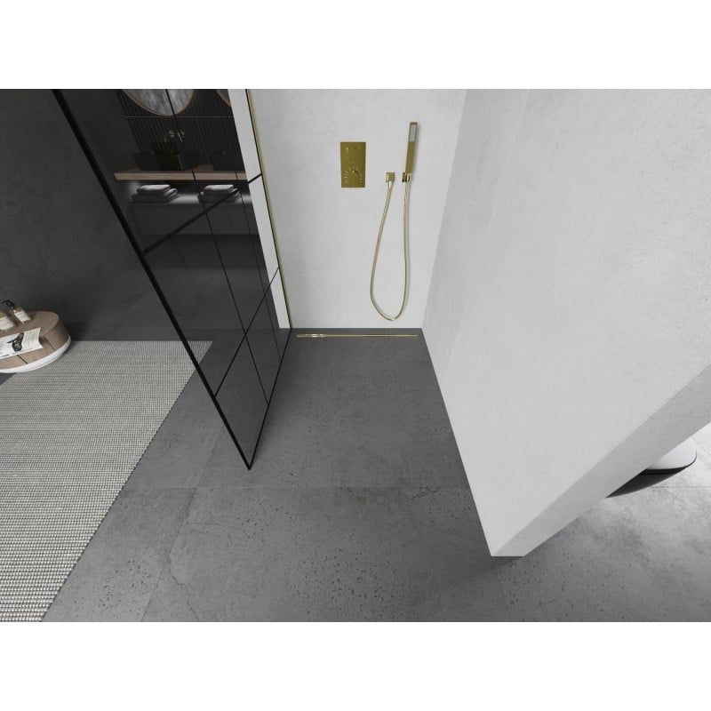 Mexen Kioto ścianka prysznicowa Walk-in 100 x 200 cm, czarna kratka 8 mm, złota szczotkowana - 800-100-101-55-77