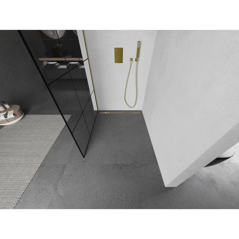 Mexen Kioto ścianka prysznicowa Walk-in 120 x 200 cm, czarna kratka 8 mm, złota szczotkowana - 800-120-101-55-77