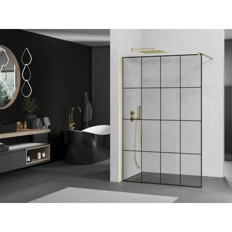 Mexen Kioto ścianka prysznicowa Walk-in 150 x 200 cm, czarna kratka 8 mm, złota szczotkowana - 800-150-101-55-77