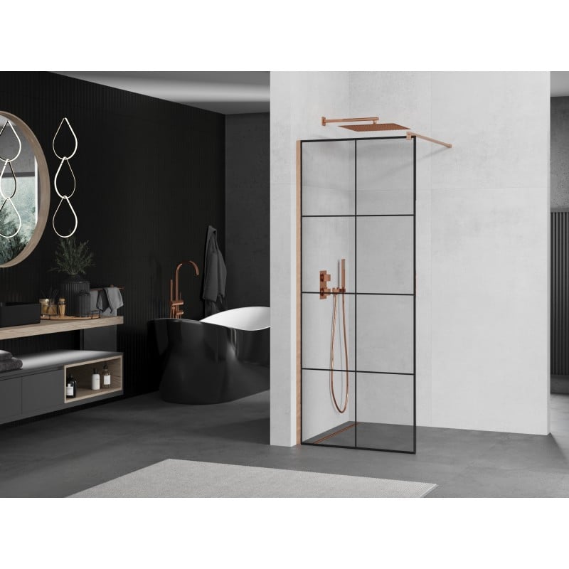 Mexen Kioto ścianka prysznicowa Walk-in 90 x 200 cm, czarna kratka 8 mm, miedź szczotkowana - 800-090-101-65-77