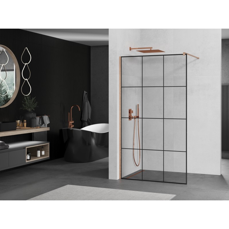 Mexen Kioto ścianka prysznicowa Walk-in 110 x 200 cm, czarna kratka 8 mm, miedź szczotkowana - 800-110-101-65-77