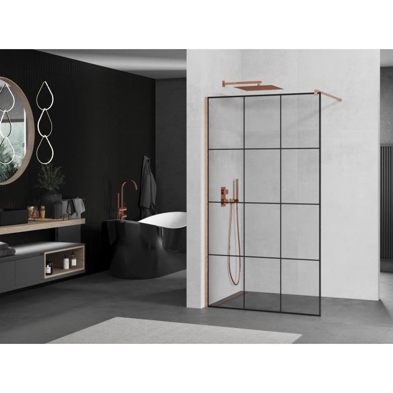 Mexen Kioto ścianka prysznicowa Walk-in 120 x 200 cm, czarna kratka 8 mm, miedź szczotkowana - 800-120-101-65-77