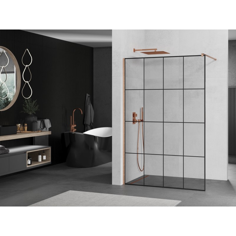 Mexen Kioto ścianka prysznicowa Walk-in 130 x 200 cm, czarna kratka 8 mm, miedź szczotkowana - 800-130-101-65-77