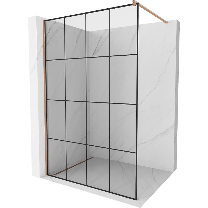 Mexen Kioto ścianka prysznicowa Walk-in 140 x 200 cm, czarna kratka 8 mm, miedź szczotkowana - 800-140-101-65-77