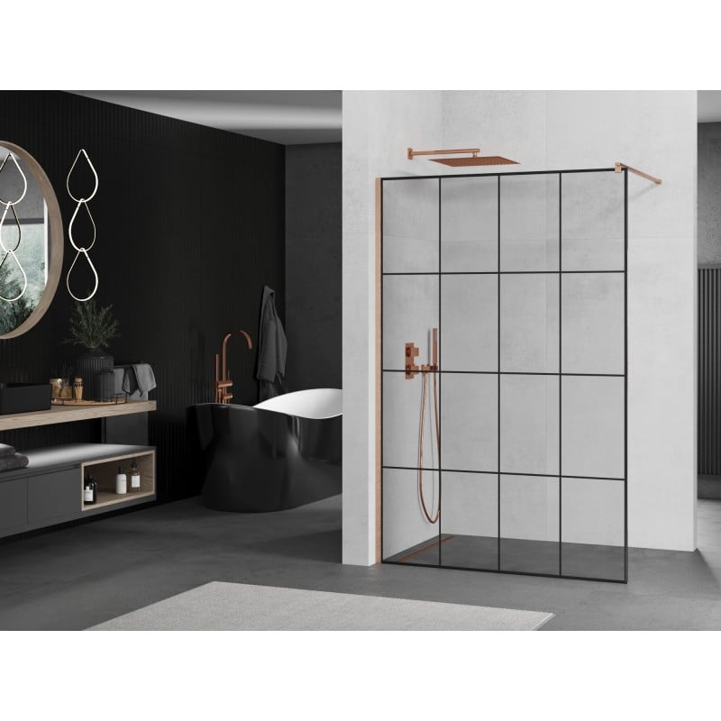 Mexen Kioto ścianka prysznicowa Walk-in 160 x 200 cm, czarna kratka 8 mm, miedź szczotkowana - 800-160-101-65-77