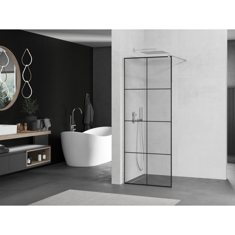 Mexen Kioto ścianka prysznicowa Walk-in 90 x 200 cm, czarna kratka 8 mm, nikiel szczotkowany - 800-090-101-97-77