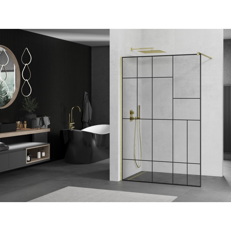 Mexen Kioto ścianka prysznicowa Walk-in 80 x 200 cm, czarny wzór 8 mm, złota szczotkowana - 800-080-101-55-78