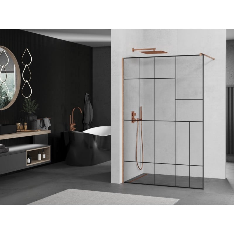 Mexen Kioto ścianka prysznicowa Walk-in 70 x 200 cm, czarny wzór 8 mm, miedź szczotkowana - 800-070-101-65-78