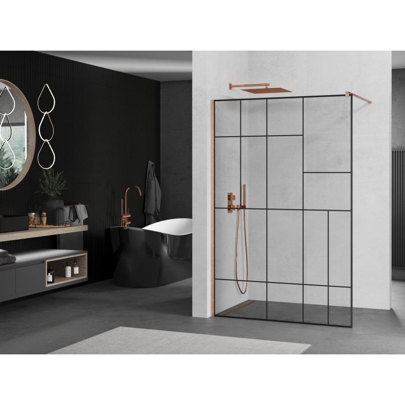 Mexen Kioto ścianka prysznicowa Walk-in 110 x 200 cm, czarny wzór 8 mm, miedź szczotkowana - 800-110-101-65-78