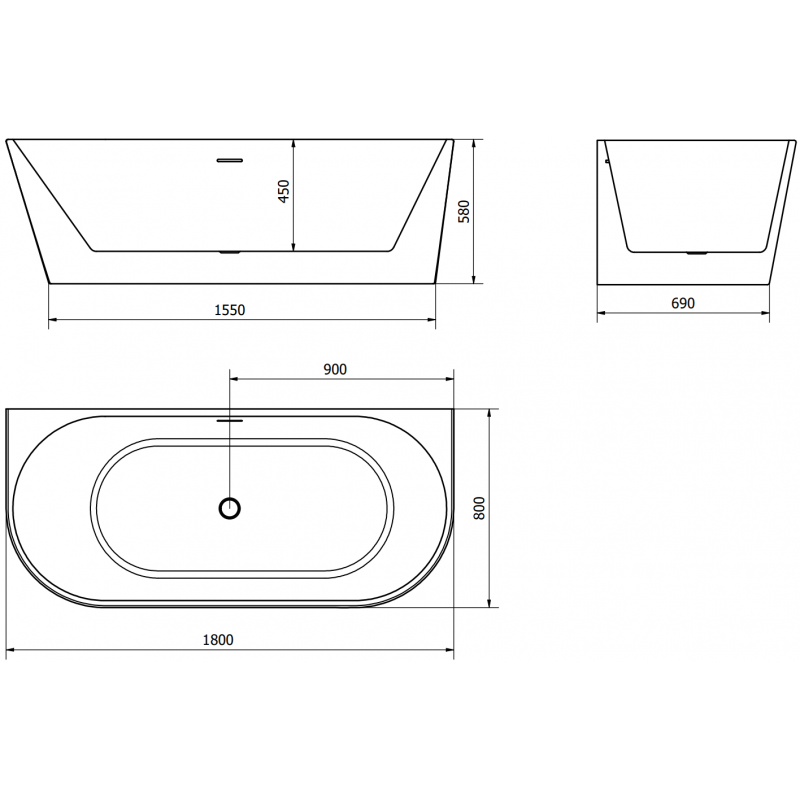 Mexen Oval wanna wolnostojąca przyścienna 180 x 80 cm, biała, przelew czarny - 52671808000-70