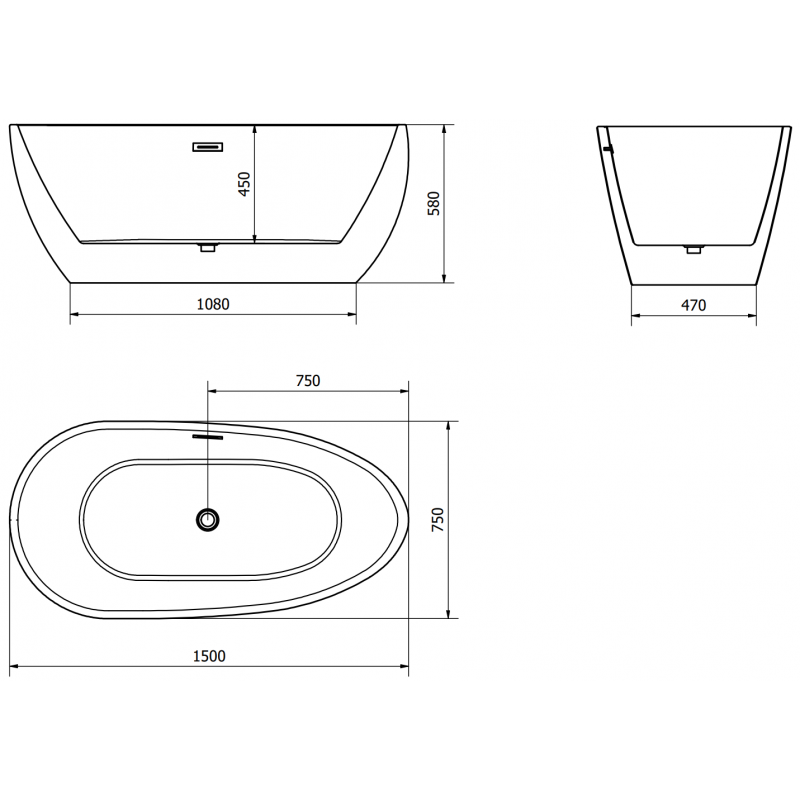 Mexen Eos wanna wolnostojąca 150 x 75 cm, biała, przelew gun metal - 52471507500-95