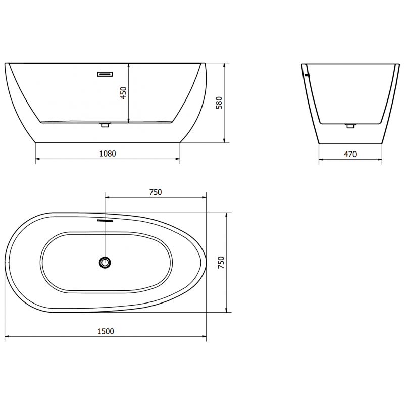Mexen Eos wanna wolnostojąca 150 x 75 cm, biała/czarna, przelew biały - 52471507575-20