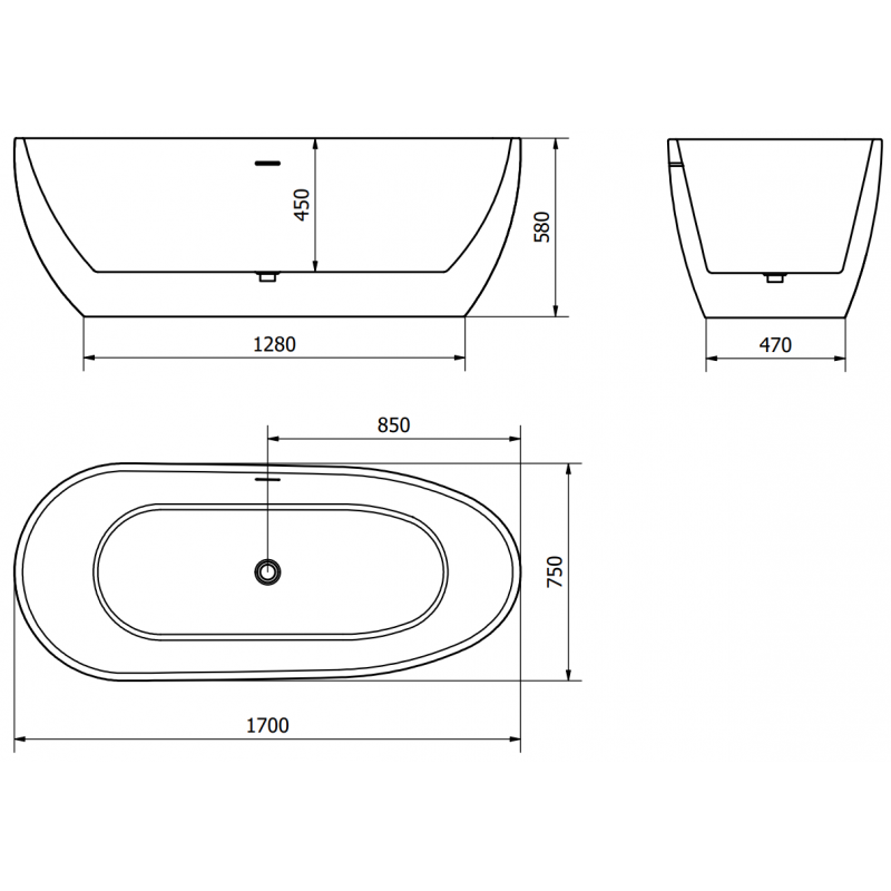 Mexen Eos wanna wolnostojąca 170 x 75 cm, biała/czarna, przelew czarny - 52471707575-70
