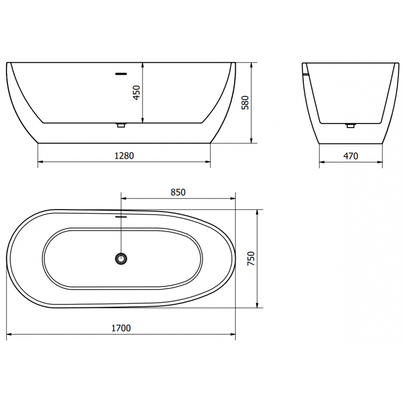 Mexen Eos wanna wolnostojąca 170 x 75 cm, biała/czarna, przelew nikiel szczotkowany - 52471707575-97