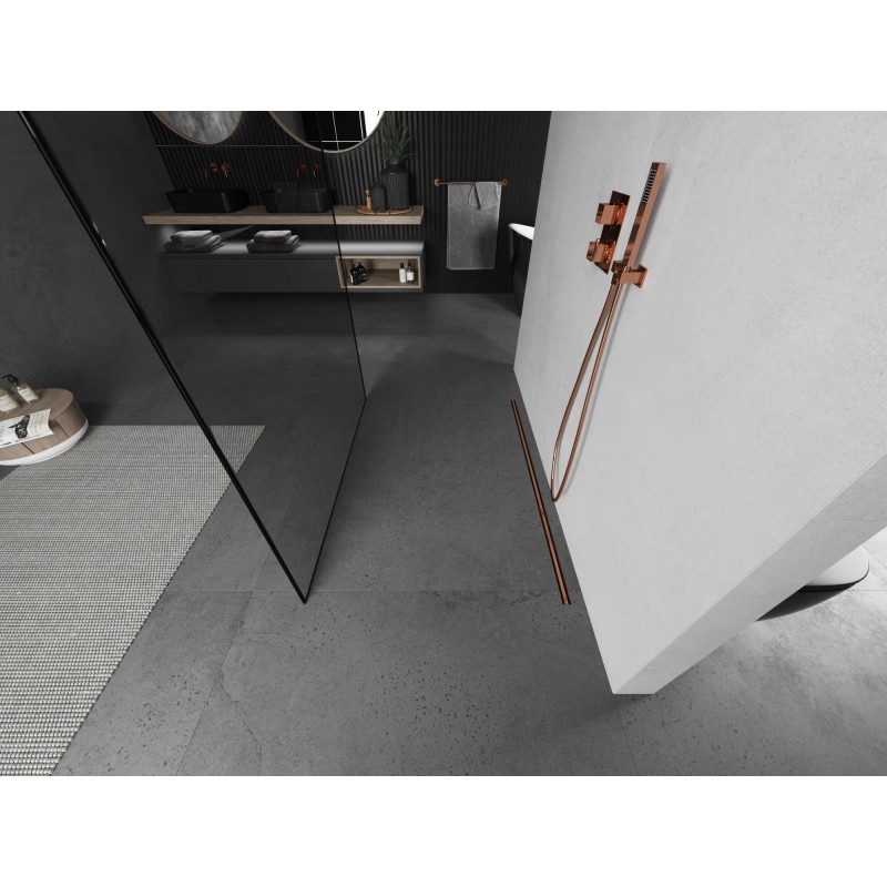 Mexen Kioto ścianka prysznicowa wolnostojąca 110 x 200 cm, czarna ramka 8 mm, miedź szczotkowana - 800-110-002-65-70