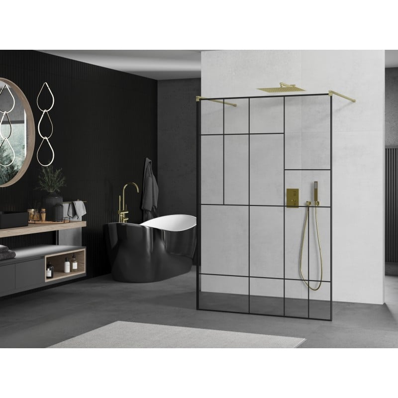 Mexen Kioto ścianka prysznicowa wolnostojąca 110 x 200 cm, czarny wzór 8 mm, złota szczotkowana - 800-110-002-55-78