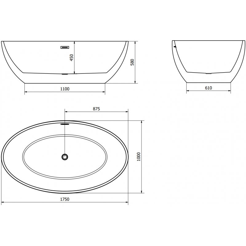 Mexen Nike wanna wolnostojąca 175 x 100 cm, biała/czarna, przelew gun metal - 54071751075-95