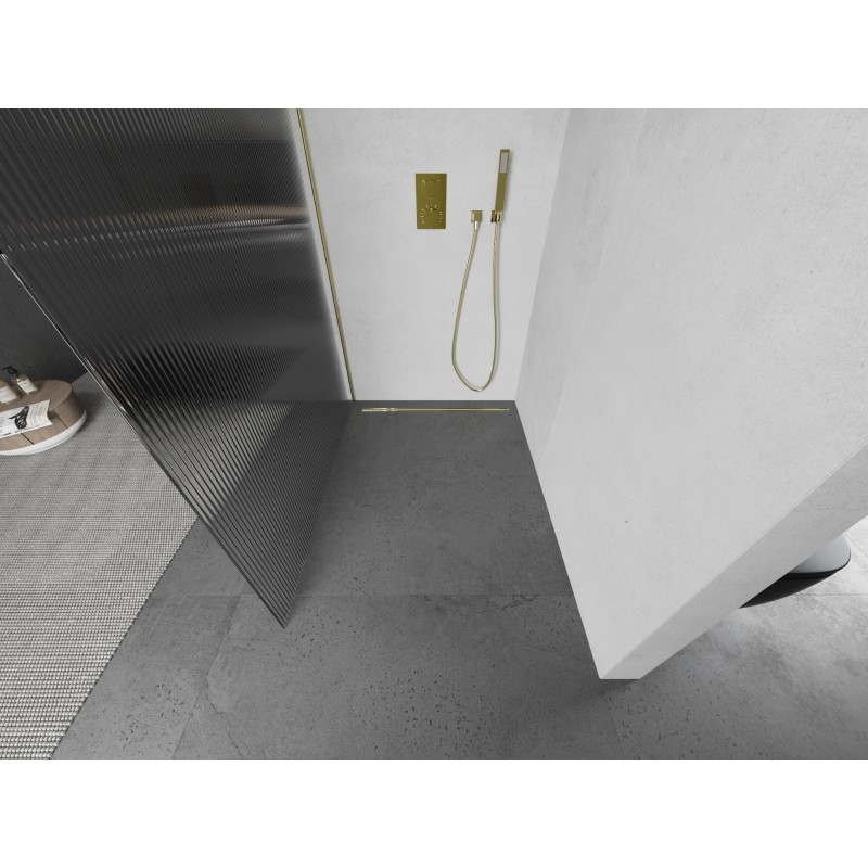 Mexen Kioto ścianka prysznicowa Walk-in 140 x 200 cm, prążki 8 mm, złota szczotkowana - 800-140-101-55-09
