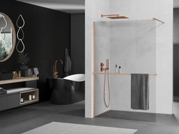 Mexen Kioto+ ścianka prysznicowa z półką Walk-in 75 x 200 cm, transparent, miedź szczotkowana - 800-075-121-65-00