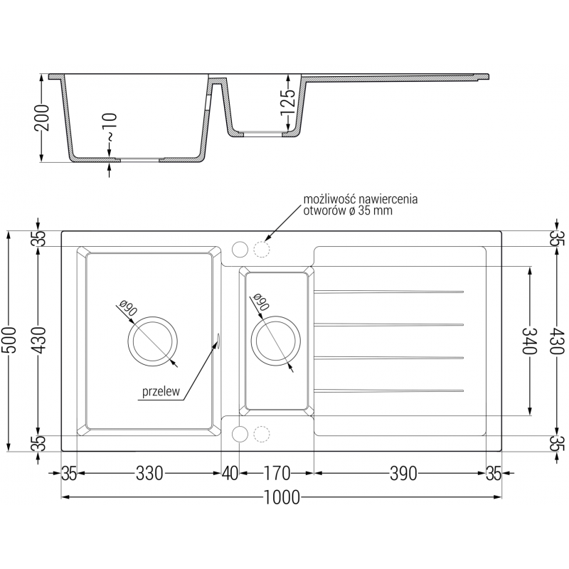 Mexen Andres zlewozmywak granitowy 1,5-komorowy z ociekaczem i baterią kuchenną Telma, czarny/złoty - 6515-75-670200-50