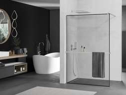 Mexen Kioto+ ścianka prysznicowa z półką Walk-in 90 x 200 cm, czarna ramka, nikiel szczotkowany - 800-090-121-97-70