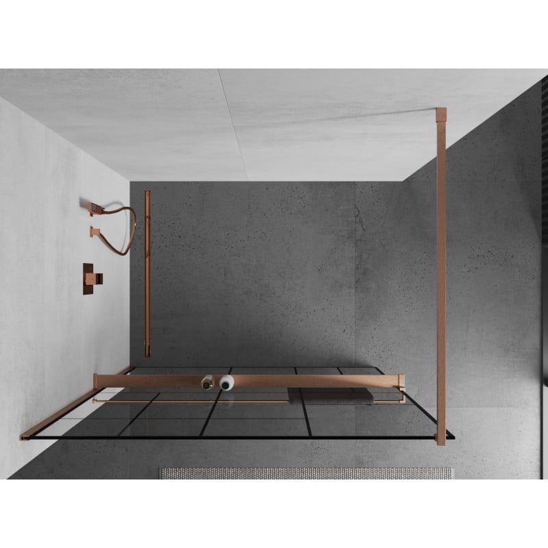 Mexen Kioto+ ścianka prysznicowa z półką Walk-in 120 x 200 cm, czarny wzór, miedź szczotkowana - 800-120-121-65-78