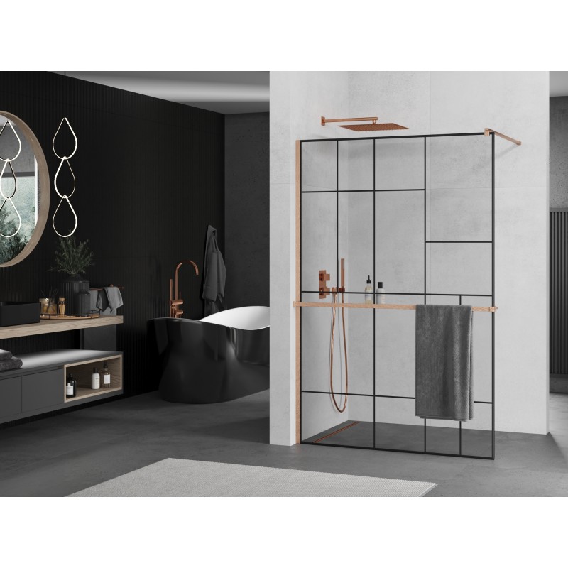 Mexen Kioto+ ścianka prysznicowa z półką Walk-in 120 x 200 cm, czarny wzór, miedź szczotkowana - 800-120-121-65-78