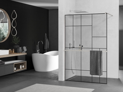 Mexen Kioto+ ścianka prysznicowa z półką Walk-in 90 x 200 cm, czarny wzór, nikiel szczotkowany - 800-090-121-97-78