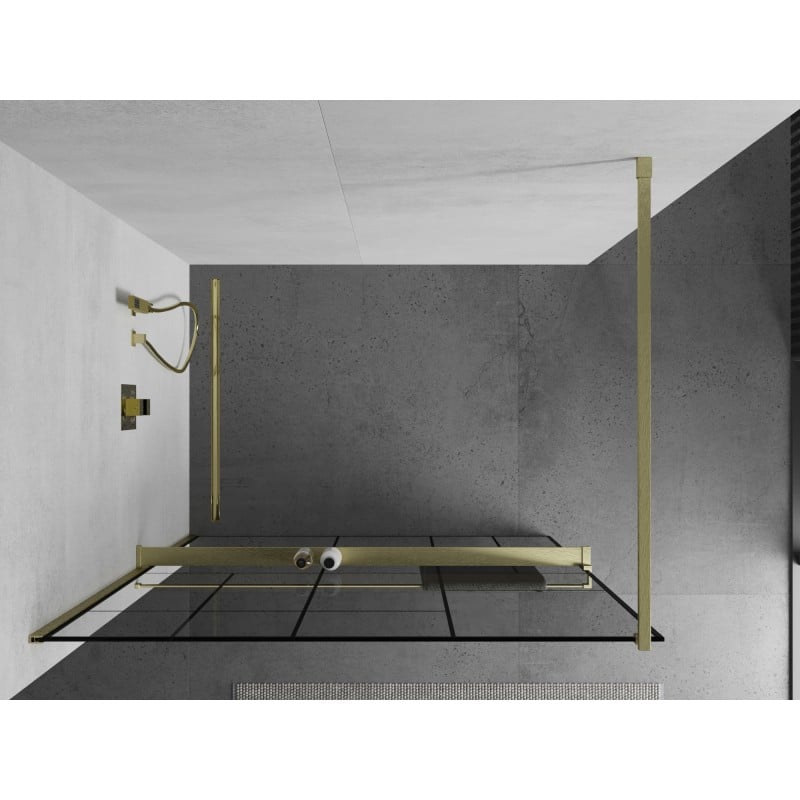 Mexen Kioto+ ścianka prysznicowa z półką Walk-in 120 x 200 cm, czarny wzór, złota szczotkowana - 800-120-121-55-78