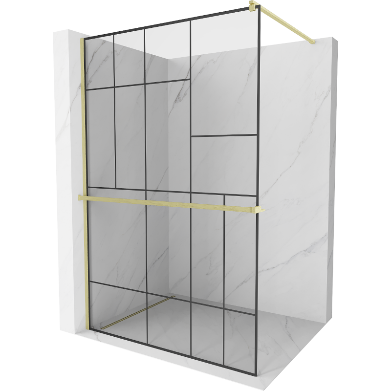 Mexen Kioto+ ścianka prysznicowa z półką Walk-in 130 x 200 cm, czarny wzór, złota szczotkowana - 800-130-121-55-78