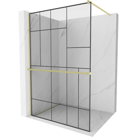 Mexen Kioto+ ścianka prysznicowa z półką Walk-in 130 x 200 cm, czarny wzór, złota szczotkowana - 800-130-121-55-78