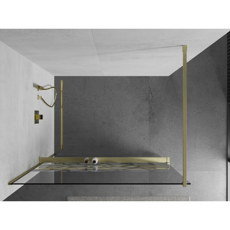 Mexen Kioto+ ścianka prysznicowa z półką Walk-in 90 x 200 cm, biały wzór, złota szczotkowana - 800-090-121-55-85