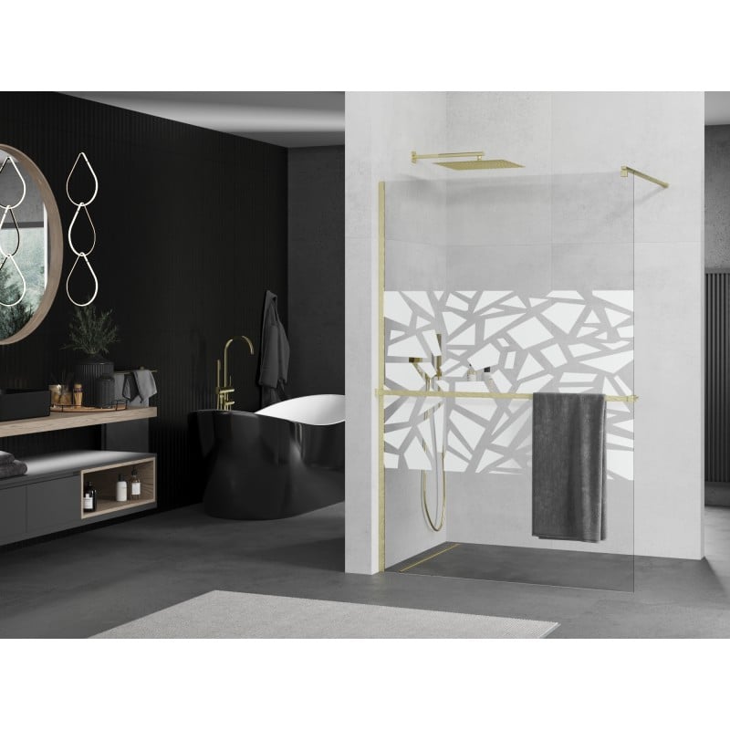 Mexen Kioto+ ścianka prysznicowa z półką Walk-in 90 x 200 cm, biały wzór, złota szczotkowana - 800-090-121-55-85