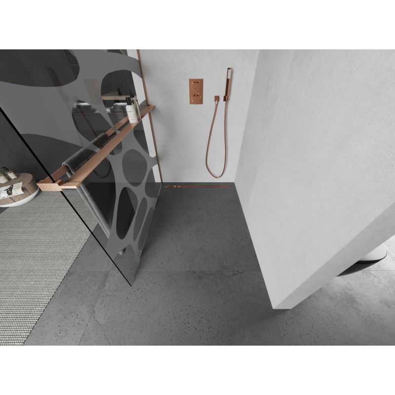 Mexen Kioto+ ścianka prysznicowa z półką Walk-in 130 x 200 cm, biała fala, miedź szczotkowana - 800-130-121-65-97