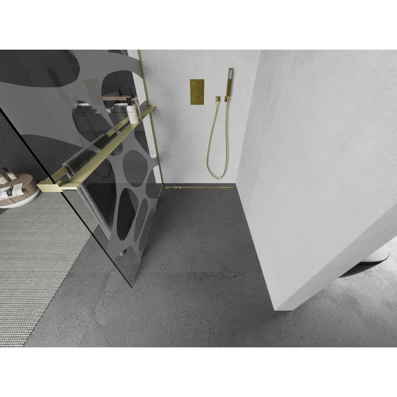 Mexen Kioto+ ścianka prysznicowa z półką Walk-in 80 x 200 cm, biała fala, złota szczotkowana - 800-080-121-55-97