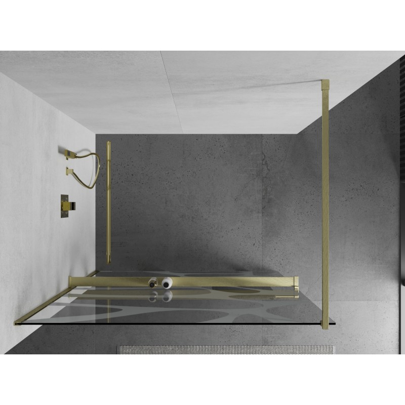 Mexen Kioto+ ścianka prysznicowa z półką Walk-in 140 x 200 cm, biała fala, złota szczotkowana - 800-140-121-55-97