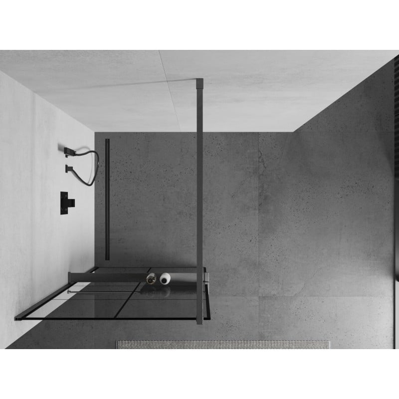 Mexen Kioto+ ścianka prysznicowa z półką Walk-in 80 x 200 cm, czarna kratka, gun gray szczotkowany - 800-080-121-66-77
