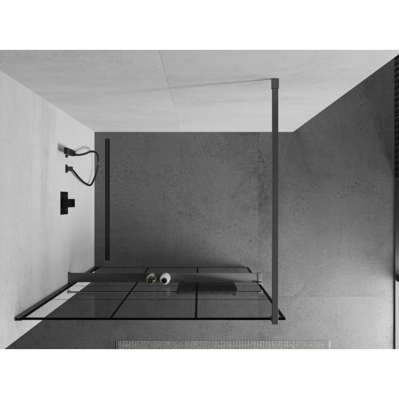 Mexen Kioto+ ścianka prysznicowa z półką Walk-in 110 x 200 cm, czarna kratka, gun gray szczotkowany - 800-110-121-66-77
