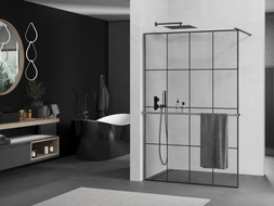 Mexen Kioto+ ścianka prysznicowa z półką Walk-in 140 x 200 cm, czarna kratka, gun metal - 800-140-121-95-77