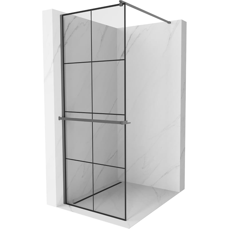 Mexen Kioto+ ścianka prysznicowa z półką Walk-in 80 x 200 cm, czarna kratka, gun metal - 800-080-121-95-77
