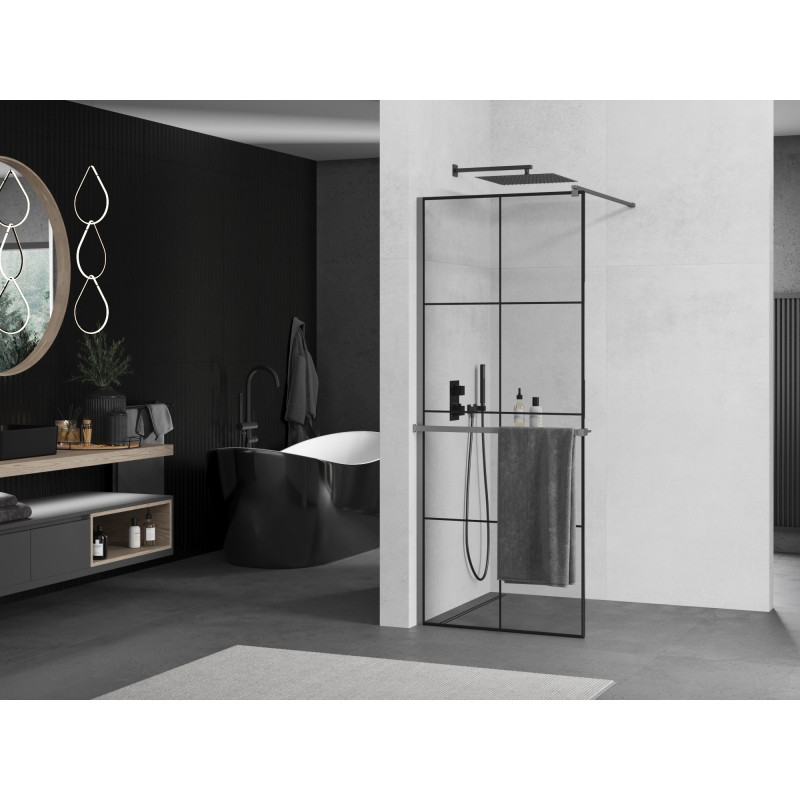 Mexen Kioto+ ścianka prysznicowa z półką Walk-in 80 x 200 cm, czarna kratka, gun metal - 800-080-121-95-77