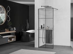 Mexen Kioto+ ścianka prysznicowa z półką Walk-in 70 x 200 cm, czarna kratka, gun metal - 800-070-121-95-77