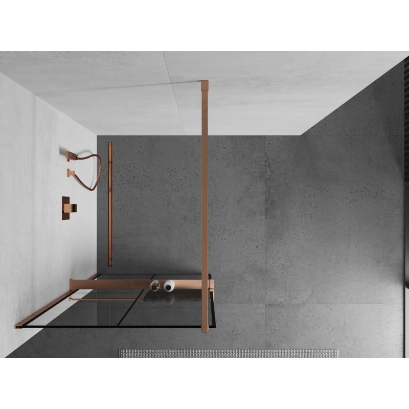 Mexen Kioto+ ścianka prysznicowa z półką Walk-in 80 x 200 cm, czarna kratka, miedź szczotkowana - 800-080-121-65-77