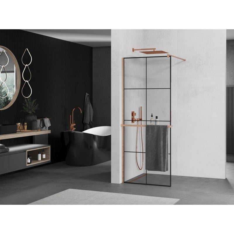 Mexen Kioto+ ścianka prysznicowa z półką Walk-in 80 x 200 cm, czarna kratka, miedź szczotkowana - 800-080-121-65-77