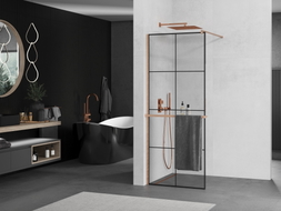 Mexen Kioto+ ścianka prysznicowa z półką Walk-in 70 x 200 cm, czarna kratka, miedź szczotkowana - 800-070-121-65-77
