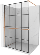 Mexen Kioto+ ścianka prysznicowa z półką Walk-in 130 x 200 cm, czarna kratka, miedź szczotkowana - 800-130-121-65-77