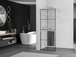 Mexen Kioto+ ścianka prysznicowa z półką Walk-in 90 x 200 cm, czarna kratka, nikiel szczotkowany - 800-090-121-97-77