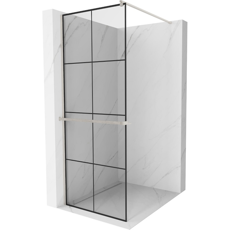 Mexen Kioto+ ścianka prysznicowa z półką Walk-in 80 x 200 cm, czarna kratka, nikiel szczotkowany - 800-080-121-97-77