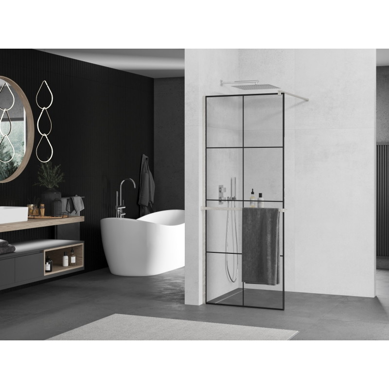 Mexen Kioto+ ścianka prysznicowa z półką Walk-in 80 x 200 cm, czarna kratka, nikiel szczotkowany - 800-080-121-97-77