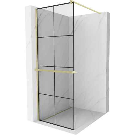Mexen Kioto+ ścianka prysznicowa z półką Walk-in 80 x 200 cm,  czarna kratka, złota szczotkowana - 800-080-121-55-77